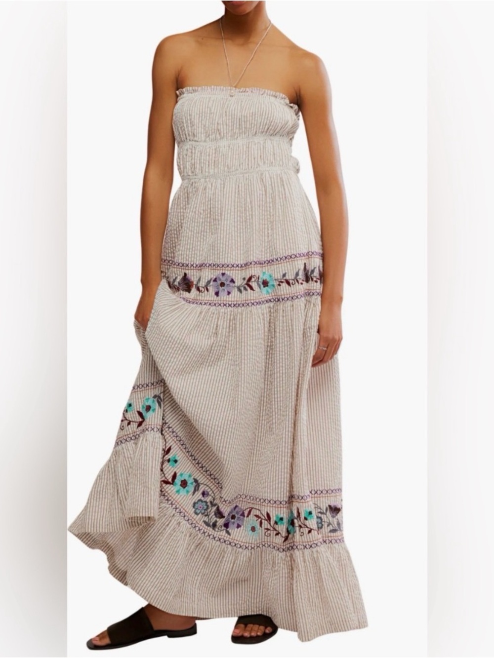 Free People Cream Strapless Embroidered Maxi Dress Medium